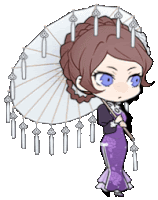 a girl in a purple dress holding a white umbrella