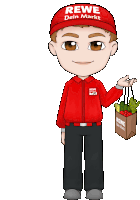 a cartoon of a man wearing a rewe dein markt hat holding a bag of vegetables