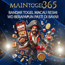 a poster with a pirate holding a phone and the words maintogel365