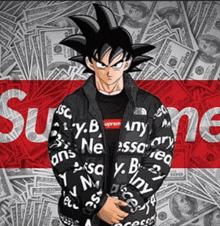 a man in a supreme jacket stands in front of a wall of money