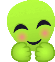 a green smiley face with its eyes closed and its cheeks red