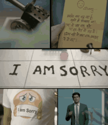 a man wearing a t-shirt that says i am sorry on it