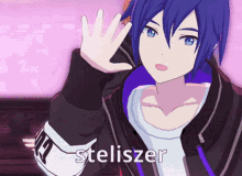 a blue haired anime character with the word steliszer on the bottom right