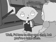 a black and white cartoon of stewie from family guy talking to a little girl