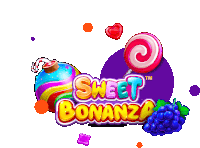 a sweet bonanza logo with lollipops grapes and a bomb