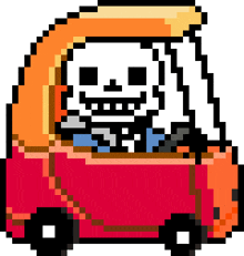 a pixel art drawing of a skeleton driving a red car .