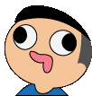 a cartoon boy with his tongue out and a blue shirt .