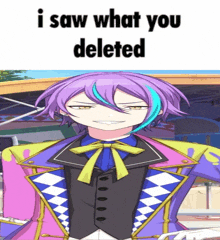 a boy with purple hair and blue streaks is standing in front of a sign that says ' i saw what you deleted '