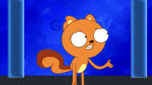 a cartoon squirrel is standing in front of a blue background with the letters g and v