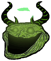 a troll face with glowing eyes and horns on a white background