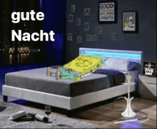 a picture of spongebob laying on a bed with gute nacht written on the bottom