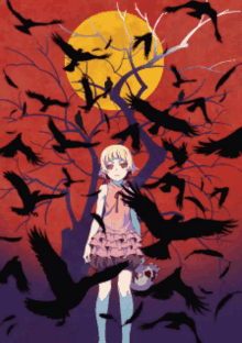 a girl in a pink dress is surrounded by crows