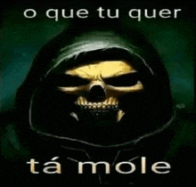 a picture of a skull with a hood on and the words `` o que tu quer ta mole '' .