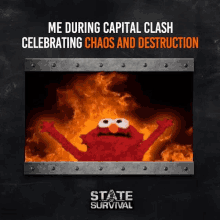 elmo is celebrating chaos and destruction in a state survival meme