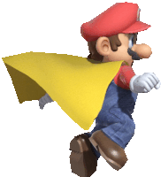 a cartoon character with a red hat and a yellow cape on his back