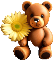 a brown teddy bear holding a yellow flower