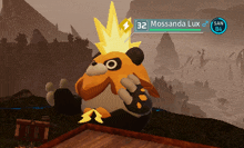 a video game character named mossanda lux is sitting on a wooden platform