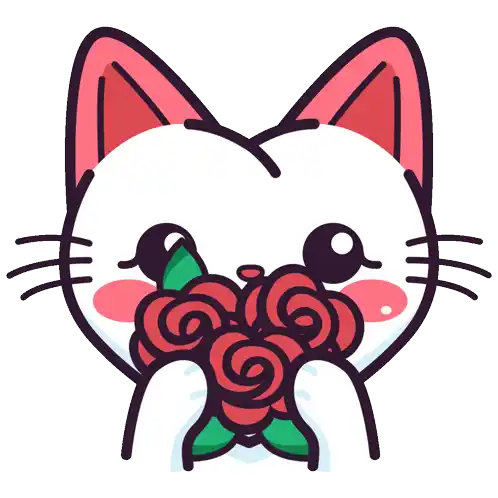 a cartoon drawing of a cat with red roses on its face