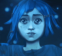 a cartoon girl with blue hair and freckles