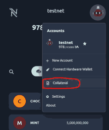 a screenshot of the testnet app with the collateral button highlighted