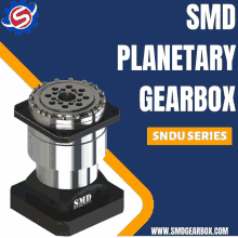 an ad for smd planetary gearbox shows a gearbox on a blue and yellow background