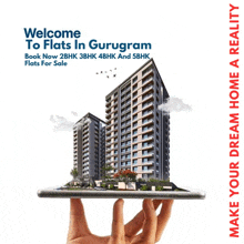 a hand holding a phone with a building on it and the words welcome to flats in gurugram below it