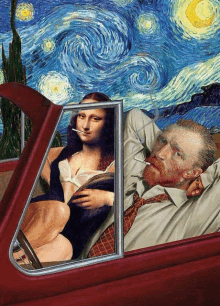 a painting of a man and a woman in a car with a starry night in the background