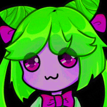 a cartoon of a girl with green hair and pink eyes .