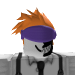 a roblox character with orange hair and a purple hat is wearing suspenders and a tie .