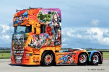 a colorful truck with marvel characters painted on the side of it