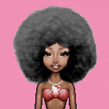 a doll with a big afro is wearing a red bikini top and a hello kitty necklace