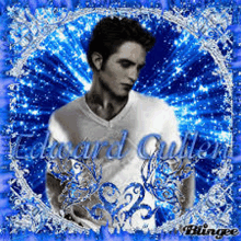 a black and white photo of edward cullen with a blue background .