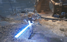 a video game character is holding a blue lightsaber