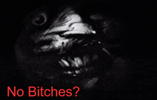 a black and white photo of a monster with the words " no bitches " above it