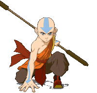 avatar aang from avatar the last airbender is kneeling down holding a stick