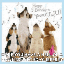 a birthday card with a group of dogs howling and says " hope you have a hell of a howling birthday jeffrey "