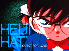 a picture of a boy with glasses and a bow tie with the words quest for love on it