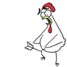 a cartoon chicken with a surprised look on its face is standing on its hind legs .