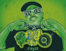 a cartoon of a man wearing sunglasses and a necklace with fer xxo written on it