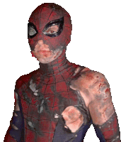 a man in a spider-man costume has a hole in his chest