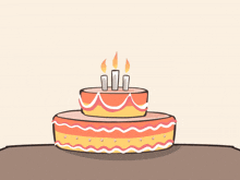 a cartoon bird is jumping out of a cake with candles