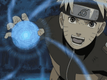 a cartoon character with a headband that says ' naruto ' on it is holding a blue ball