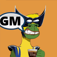 a cartoon character with a speech bubble that says gm and a cup of coffee