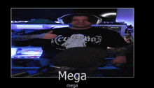 a man wearing headphones and a shirt that says mega