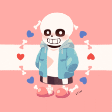 a drawing of a skeleton with bones and hearts around him