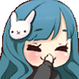 a cartoon girl with blue hair and a bunny on her head is covering her mouth .