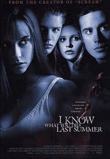 a movie poster for the movie i know what you did last summer shows a group of people standing next to each other .