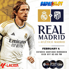 a poster for real madrid vs atletico madrid on february 4