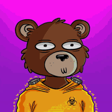 a cartoon drawing of a bear wearing a yellow hoodie with a biohazard symbol on it