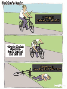 a cartoon of a man riding a bike with the words fudder 's logic at the bottom